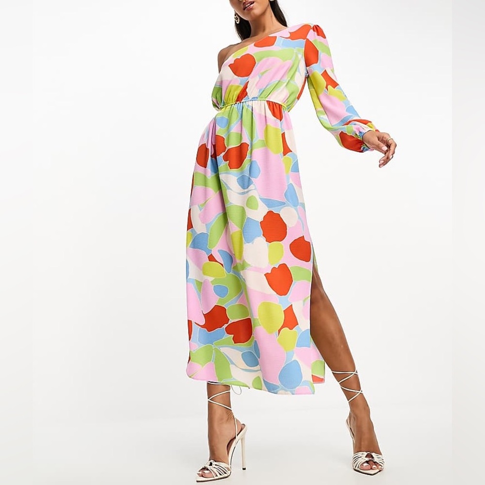 ASOS One Shoulder Midi Dress Cut Out Retro Abstract Print Multicolor Size 6 🚨